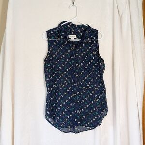 Navy Sleeveless Blouse with Pattern